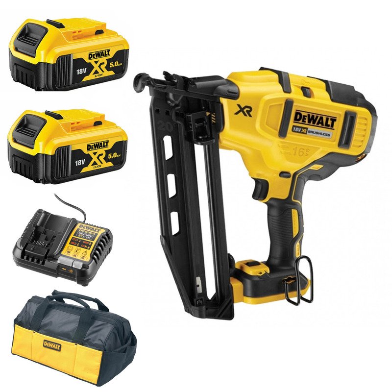 DeWalt DCN660N 18V XR 2nd Fix Brushless Nailer Kit – 2 x 5.0ah Batteries, Charger & Bag