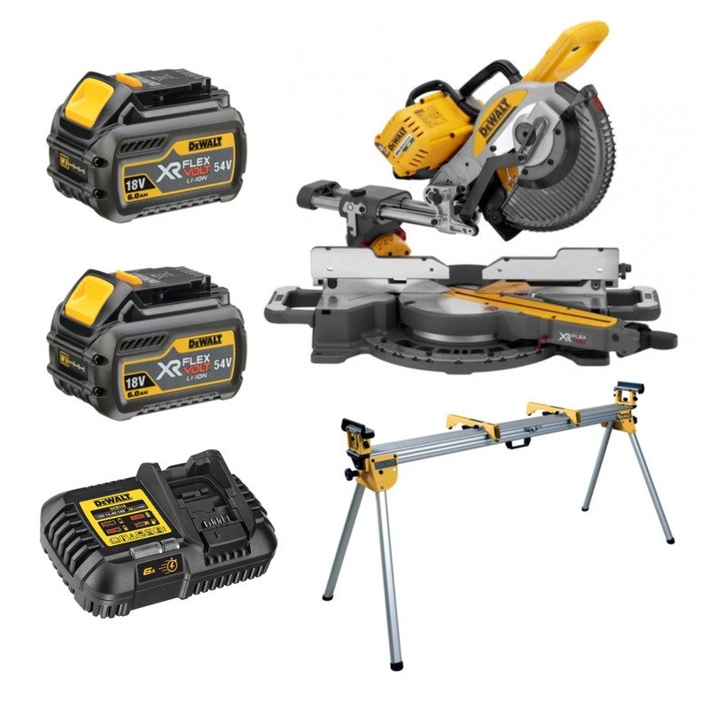 DeWalt DCS727T2 54V XR Flexvolt 250mm Double Bevel Slide Mitre Saw Kit With DE7023 Stand – 2 x 6ah Batteries