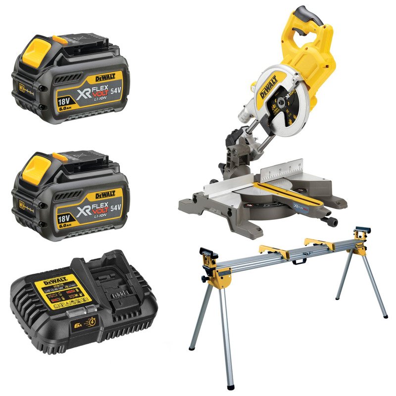 DeWalt DCS777T2 54V XR Flexvolt Mitre Saw Kit With DE7023 Stand – 2 x 6.0Ah Li-ion Batteries and Charger