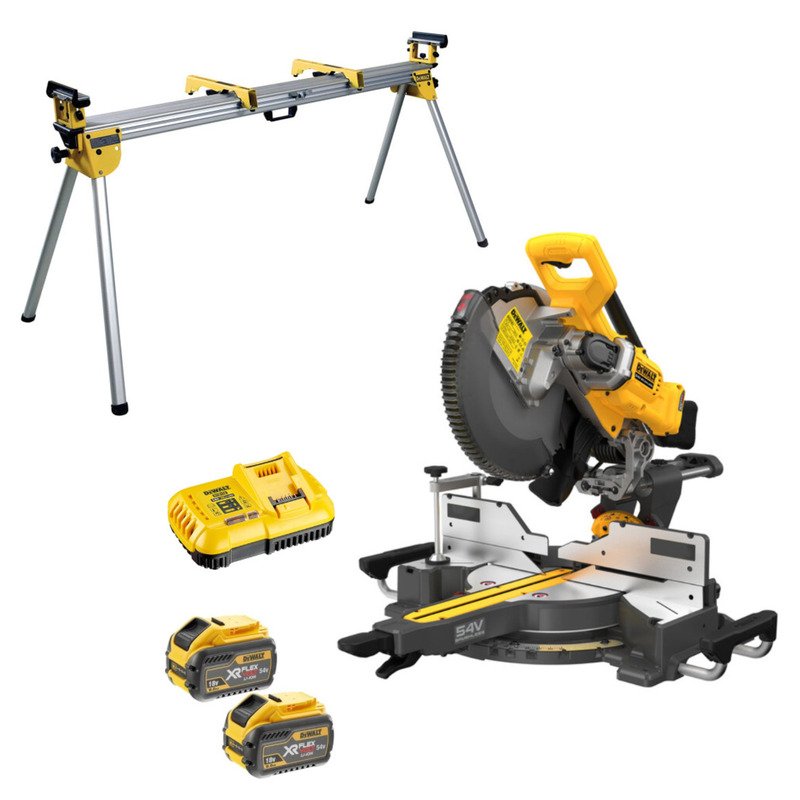 Dewalt DCS781X2 54v Flexvolt 305mm Slide Mitre Saw Kit – 2 x 9ah Batteries & DE7023 Workstation