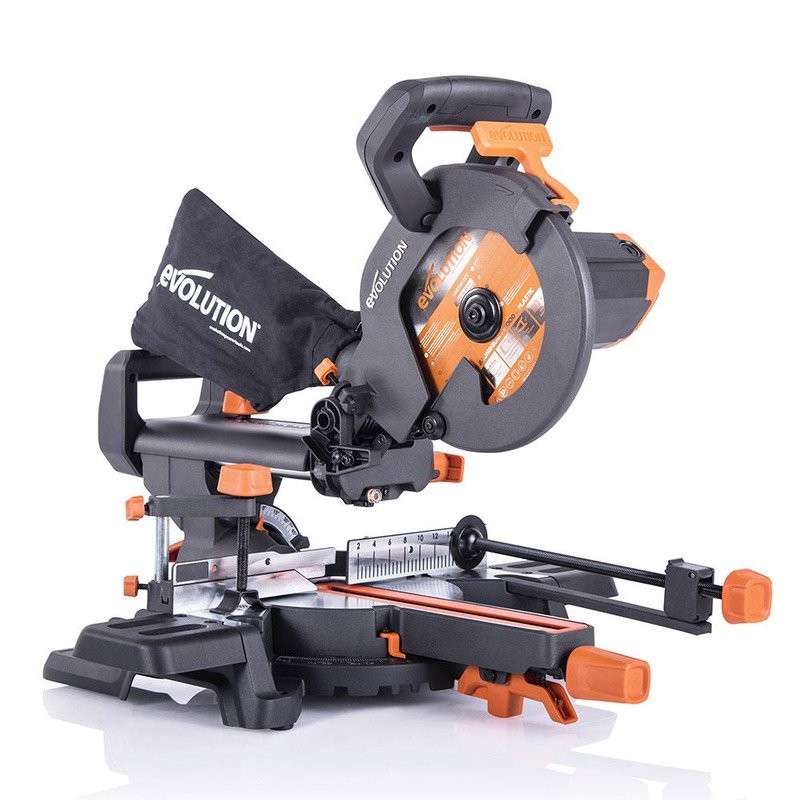 Evolution R210SMS+ 210mm Sliding Compound Mitre Saw with TCT Cutting Blade 240v
