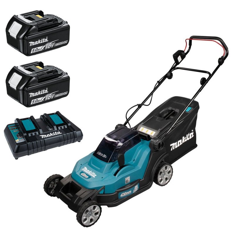 Makita DLM432CT2 Twin 18V 43cm Lawn Mower Kit – 2 x 5.0Ah Batteries & Dual Charger