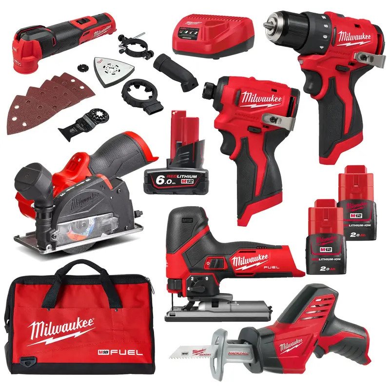 Millwaukee 6 Piece M12 Tool Kit – 1 x 6.0ah & 2 x 2.0ah Batteries