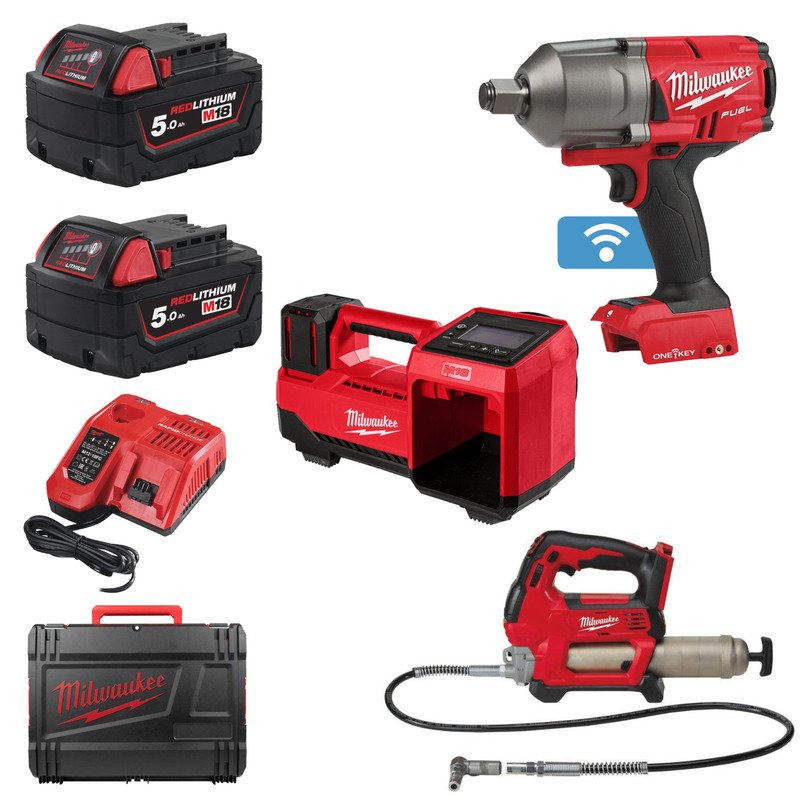 Milwaukee 18v 3 Piece Kit Impact Wrench, Grease Gun & Inflator – 2 x 5.0ah Batteries