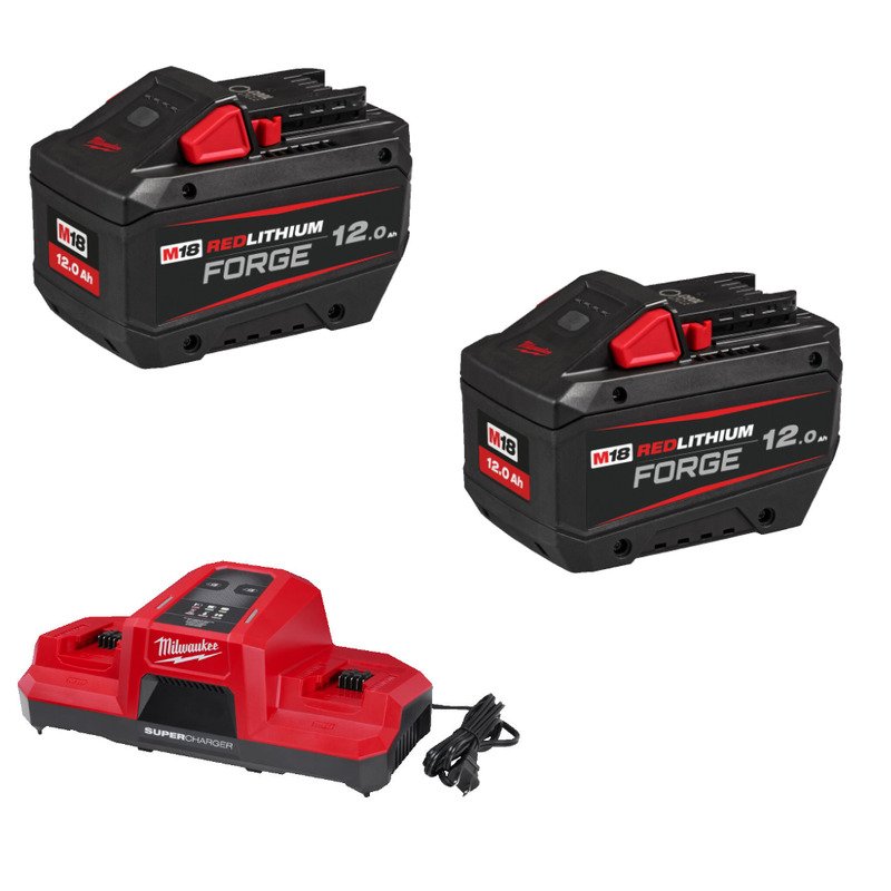 Milwaukee 18v Forge 12ah Battery Twin Pack and Dual Bay Super Charger Bundle – 2 x M18FB12 & M18DBSC