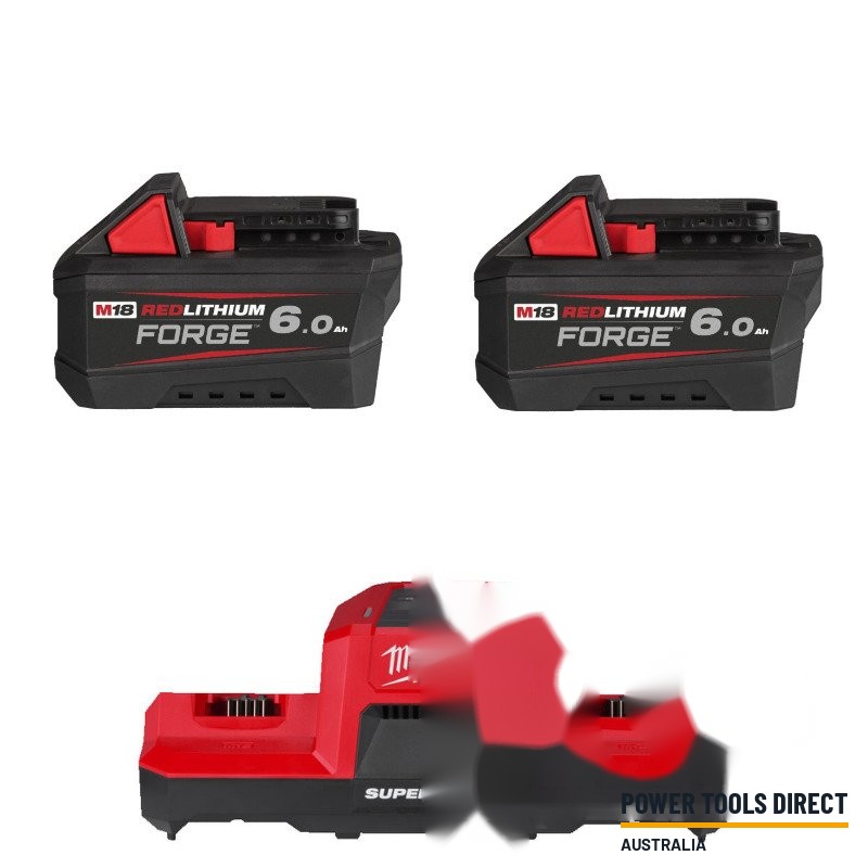 Milwaukee 18v Forge 6ah Battery and Dual Bay Super Charger Bundle – 2 x M18FB6 & M18DBSC