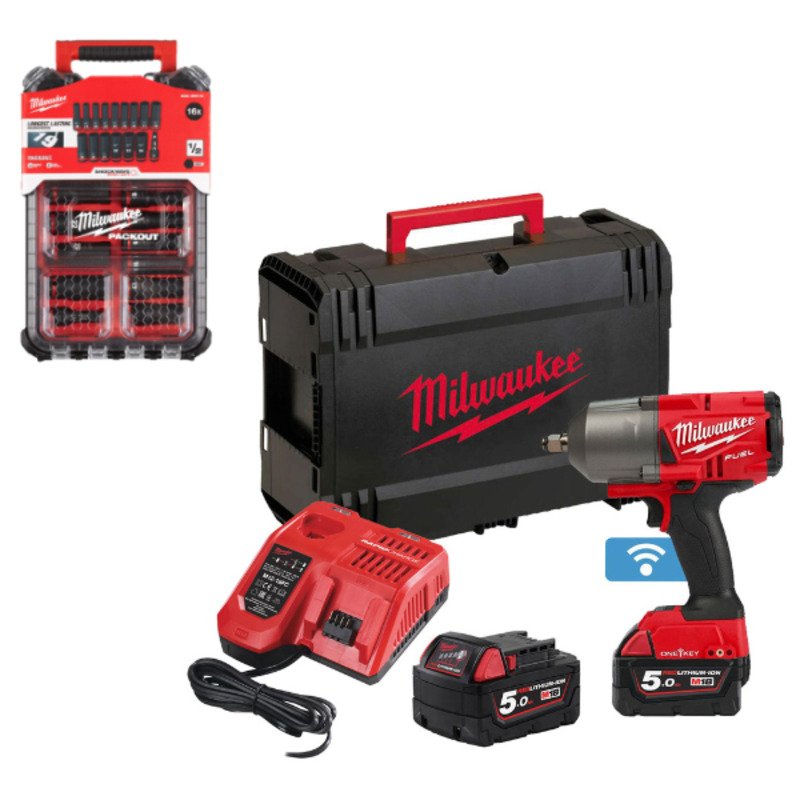 Milwaukee 18v One Key Fuel Brushless High Torque 1/2″ Impact Wrench Kit and 1/2″ Socket Set in Packout Case