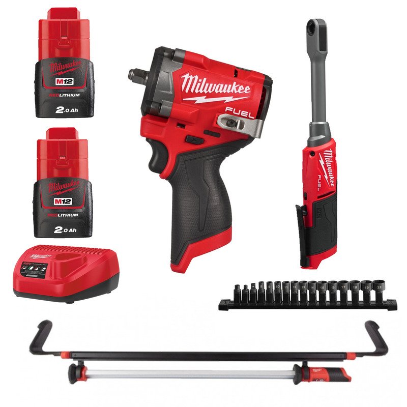 Milwaukee 3 Piece Kit 12v Impact Wrench, Ratchet & Light – 2 x 2.0ah Batteries & Charger