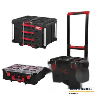 Milwaukee 3 Piece Packout Bundle – 4932464078 Trolley Case, 4932472130 3 Drawer Tool Box & 4932478625 Deep Organiser