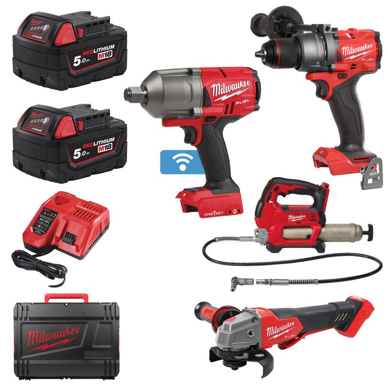 Milwaukee 4 Piece Kit 18v Impact Wrench, Combi Drill, Angle Grinder & Grease Gun – 2 x 5.0ah Batteries