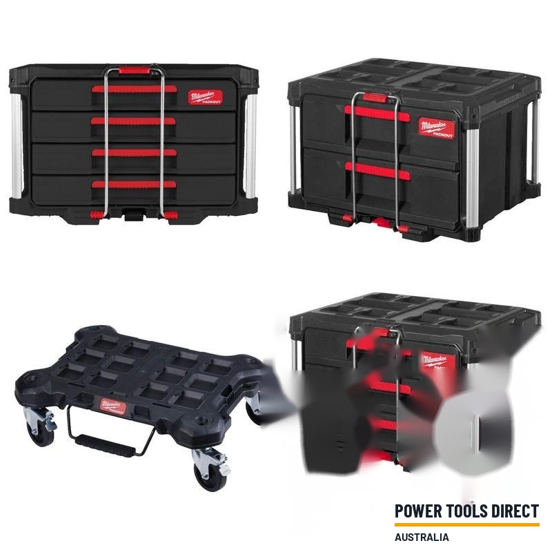 Milwaukee 4 Piece Packout Bundle – Flat Trolley, 4 Drawer Tool Box, 3 Drawer Tool Box & 2 Drawer Tool Box