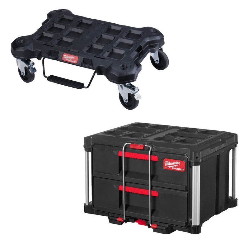 Milwaukee 4932472129 PACKOUT 2 Drawer Tool Box & 4932471068 PACKOUT Flat Trolley