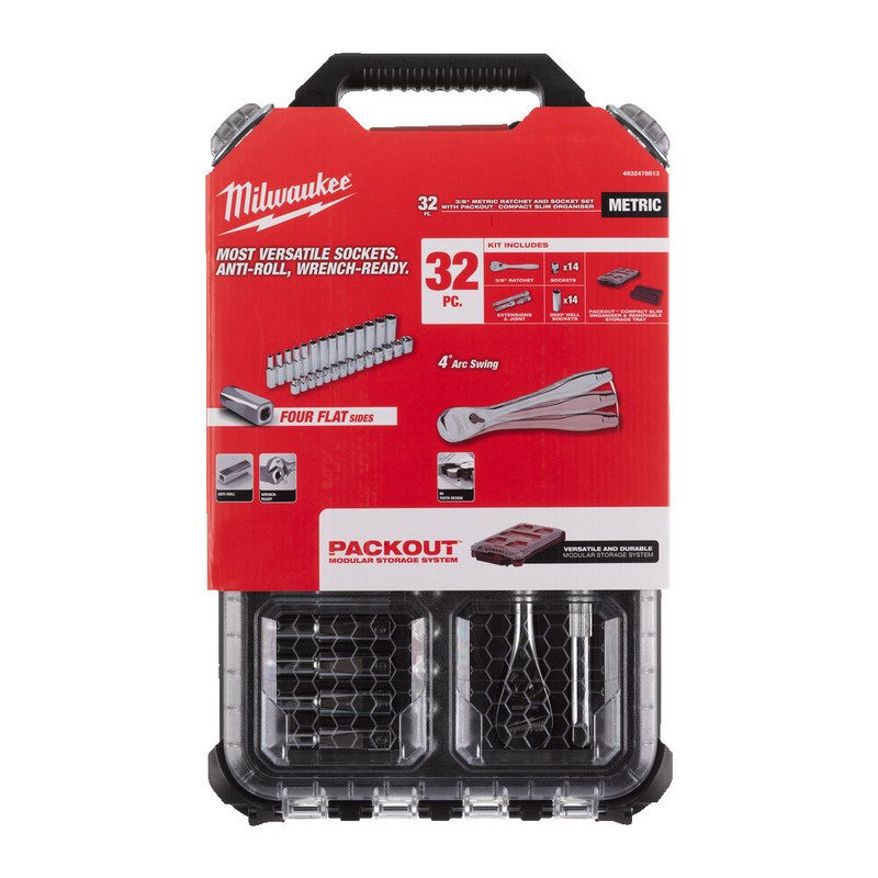 Milwaukee 4932478813 32pc Metric 3/8″ Ratchet and Socket Set In Packout Slim Organiser