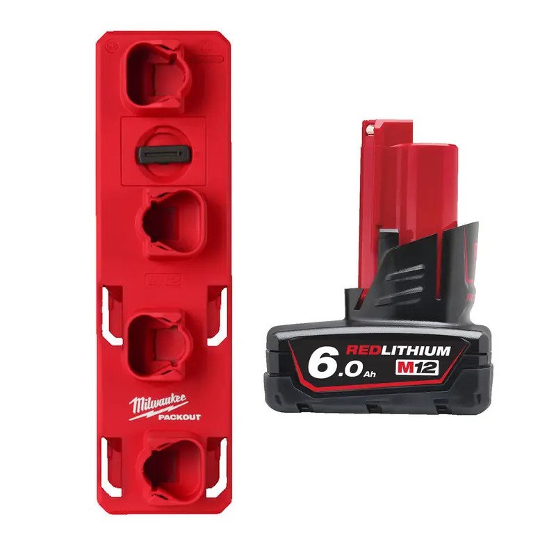 Milwaukee 4932480708 Packout M12 Battery Holder & M12B6 12V 6.0Ah RedLithium-Ion Battery