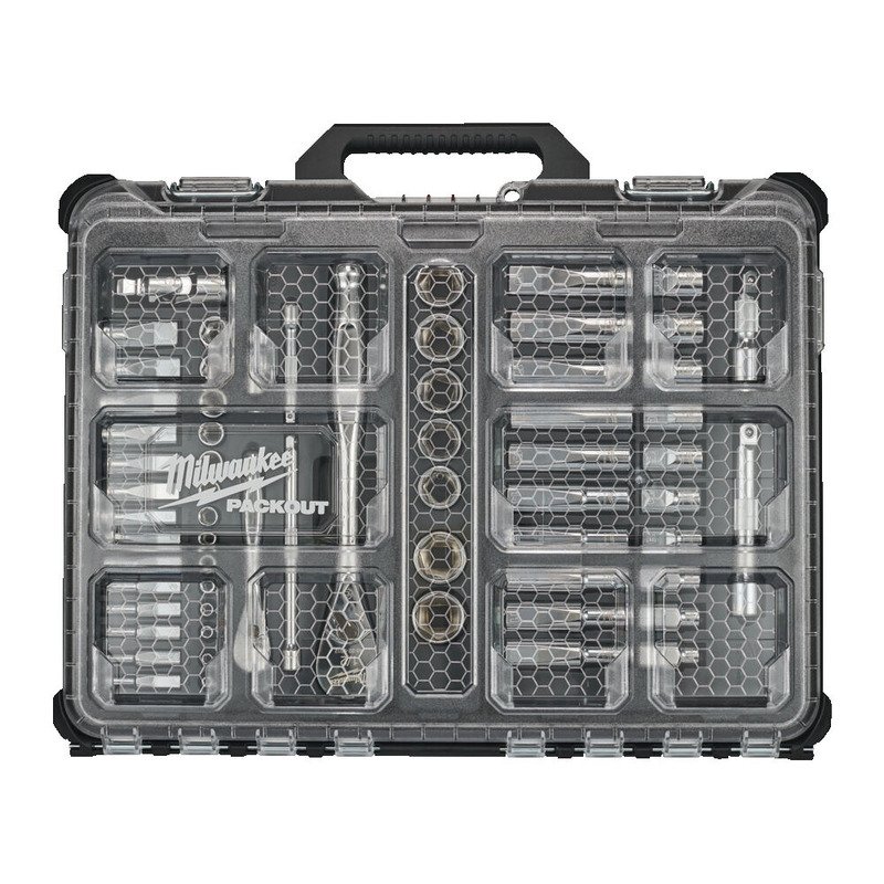 Milwaukee 4932493661 63pc 1/4″ & 1/2″ Ratchet and Socket Set in a Slim Packout Case