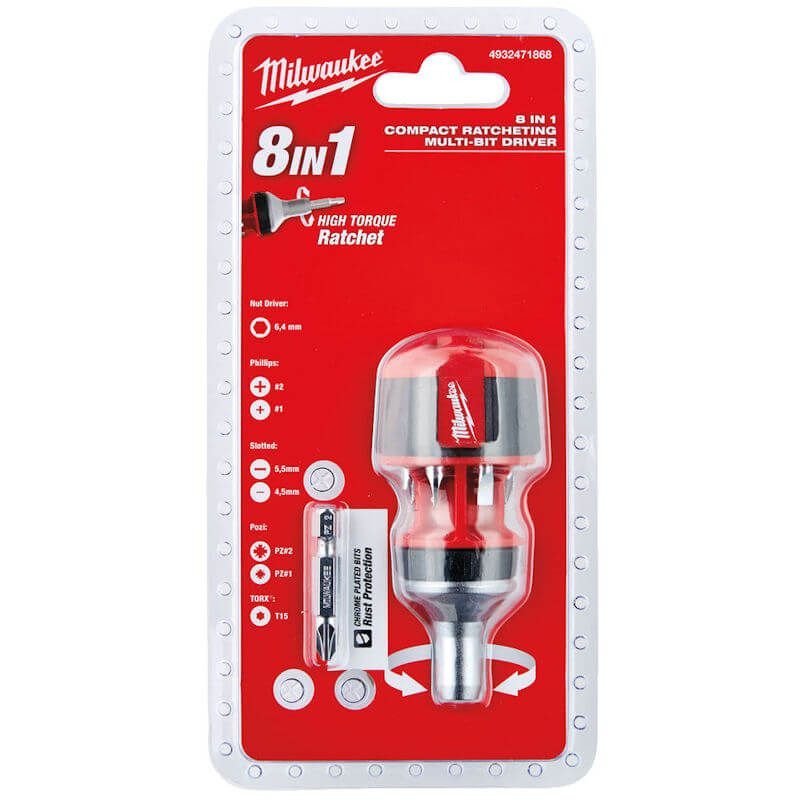 Milwaukee 8in1 Compact Ratcheting Multibit Screwdriver – Universal