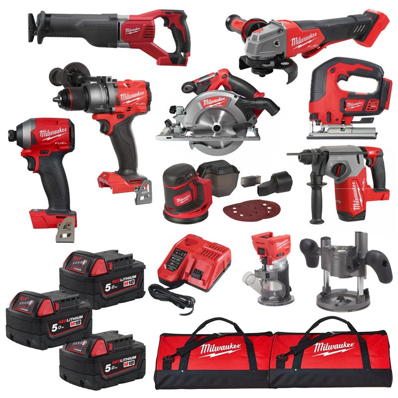 Milwaukee 9 Piece Powertool Kit 18v- 3 x 5.0ah Batteries