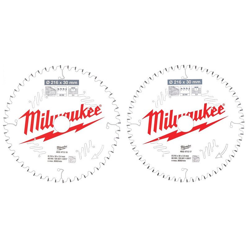 Milwaukee CSB 216mm x 30mm Circular Saw Blades for Mitre Saws Twin Pack 4932479575 – 48T & 60T