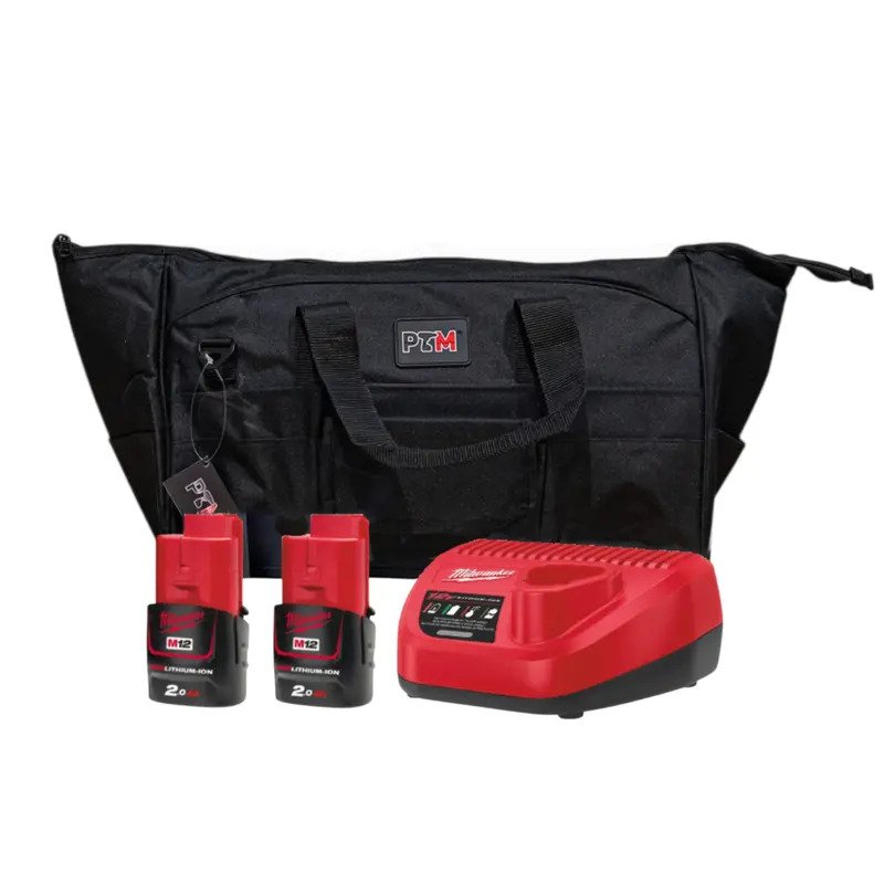 Milwaukee M12 2.0ah Energy Pack In PTM Bag – 2 x M12B2 2.0ah Batteries, Charger with PTM Bag
