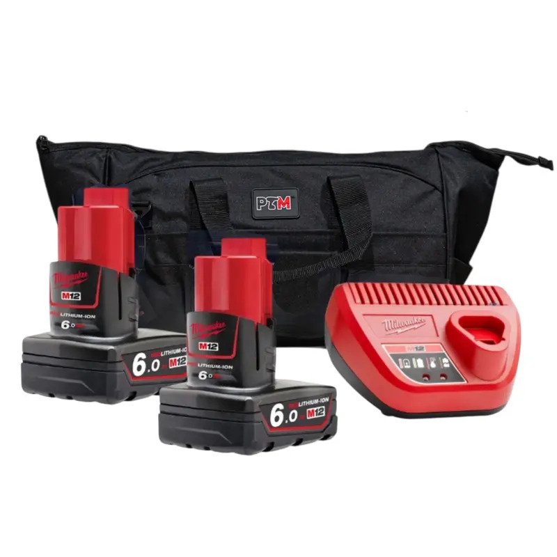 Milwaukee M12 6.0Ah Energy Pack In PTM Bag – 2 x M12B6 6.0Ah Batteries, C12C Charger with PTM Bag