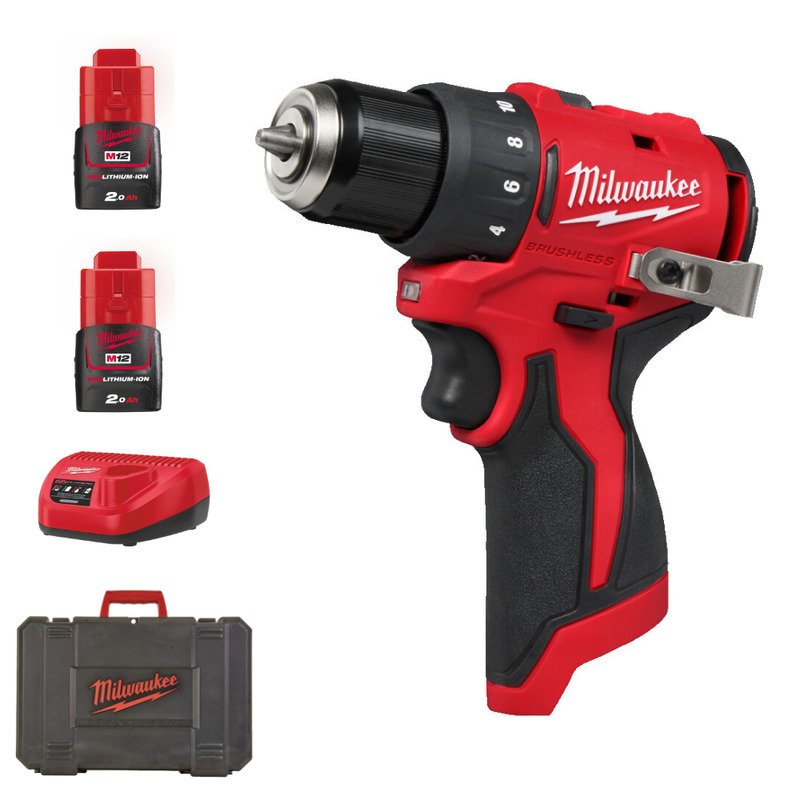 Milwaukee M12BLDDRC-202C 12v Compact Brushless Drill Driver Kit – 2 x 2.0ah Batteries