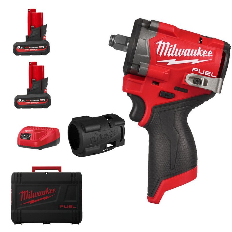 Milwaukee M12FCIWF12G3-502X 12v Fuel 1/2″ Compact Impact Wrench Kit – 2 x 5.0ah High Output Batteries & 4932499365 Rubber Sleeve