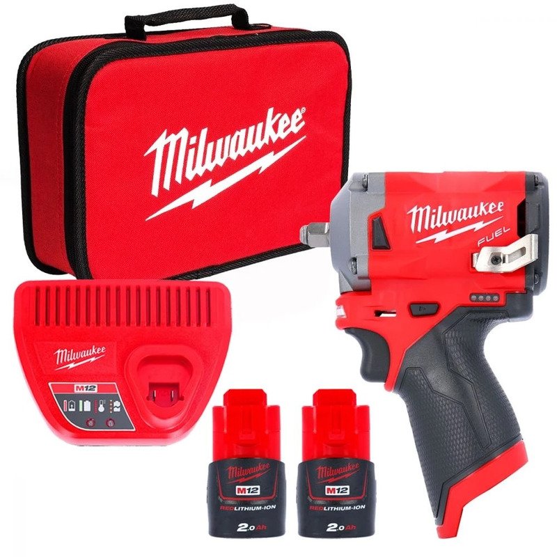 Milwaukee M12FIW38-202B 12v Fuel Impact Wrench Set, with 2 x 2Ah Batts, Charger & Bag