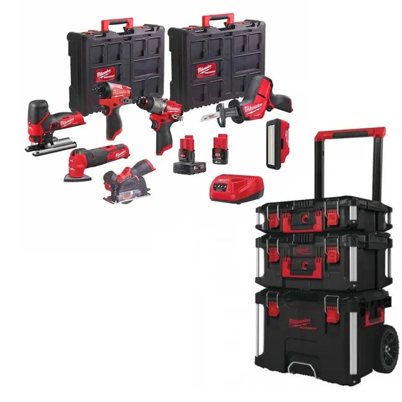 Milwaukee M12FPP7B2-622P 12v Fuel 7pc Power Pack – 6.0ah & 2.0ah Batteries & 4932464244 3 Piece PACKOUT Storage System Set