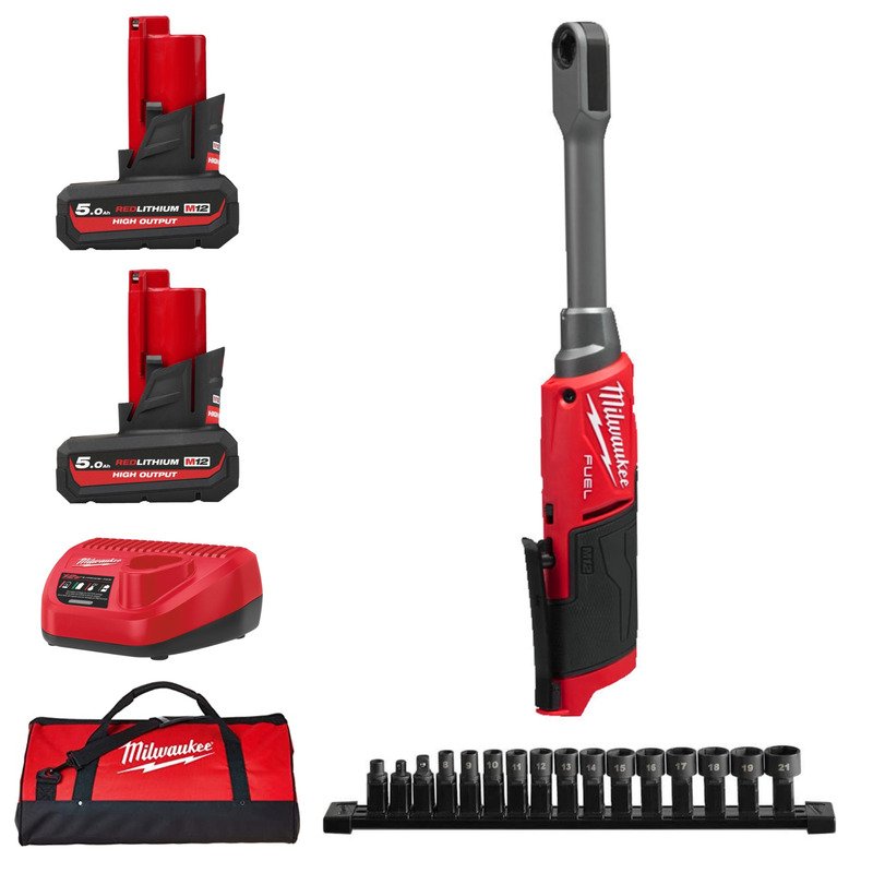 Milwaukee M12FPTR-0 12v Fuel Inside Pass Through Ratchet Kit – 2 x 5.0ah High Output Batteries, Charger & Bag