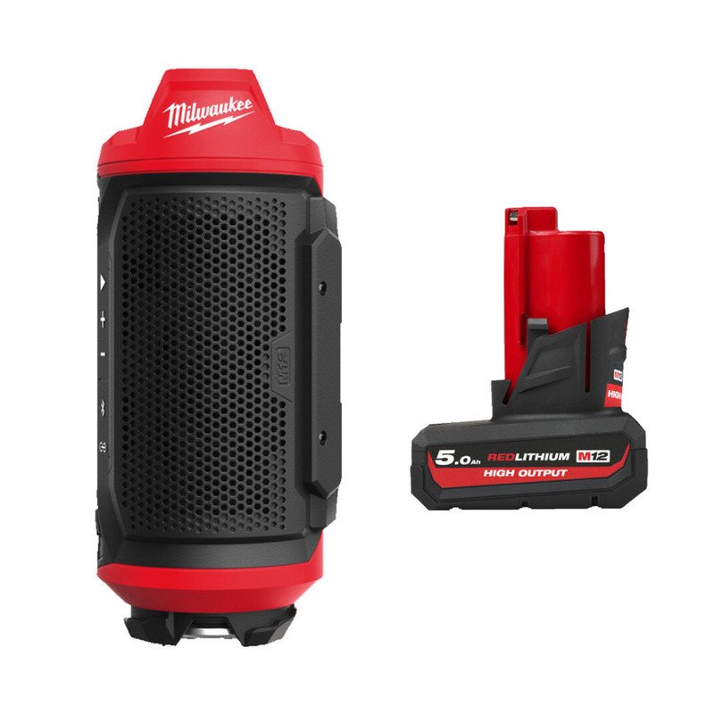 Milwaukee M12SPEJSG2-0 12v Jobsite Speaker & 5.0ah High output Battery