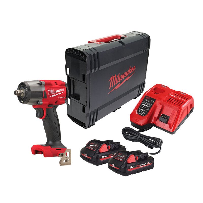 Milwaukee M18FMTIW2F12-302X 18v Fuel GEN2 Mid-Torque 1/2″ Impact Wrench with Friction Ring Kit 2 x High Output 3.0ah Batteries