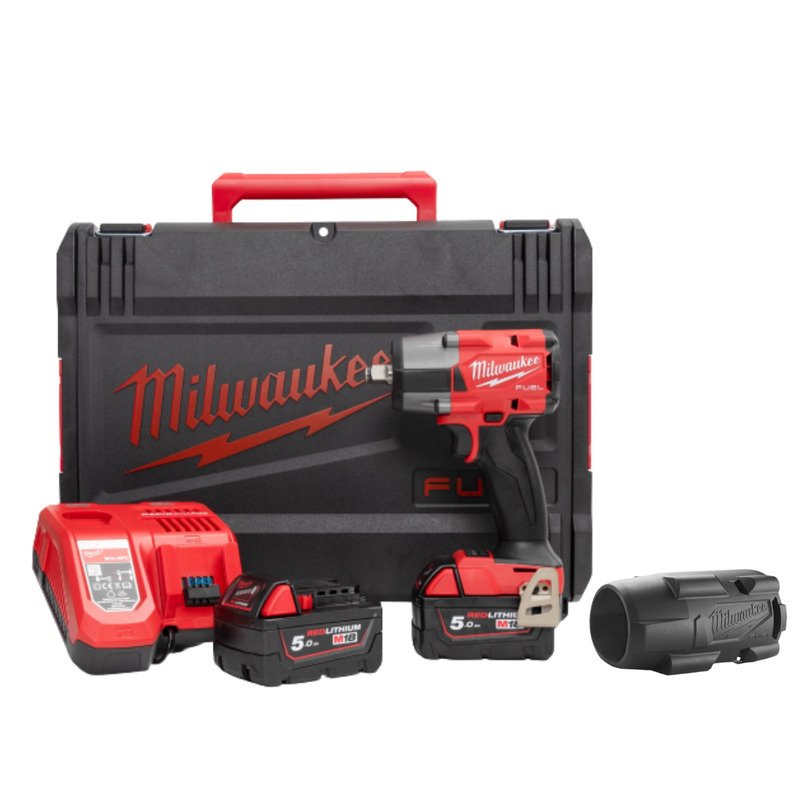 Milwaukee M18FMTIW2F12-502X 18V Fuel GEN2 Mid-Torque 1/2” Impact Wrench with Friction Ring Kit (2 x 5.0Ah RedLithium-Ion Batteries, Charger & Case) & Sleeve