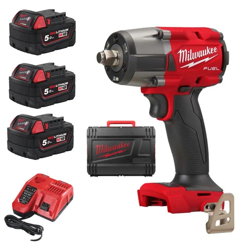 Milwaukee M18FMTIW2F12-503X 18V Fuel GEN2 Mid-Torque 1/2” Impact Wrench with Friction Ring Kit – 3 x 5.0ah Batteries, Charger & Case