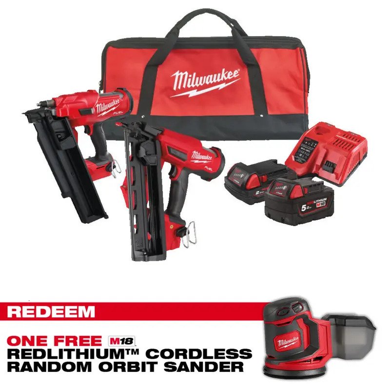 Milwaukee M18FPP2BE-522B 18v Twin Nailer Kit M18FFN/M18FN16GA Framing/16G Angled (CLAIM FREE ORBIT SANDER VIA MILWAUKEE REDEMPTION)