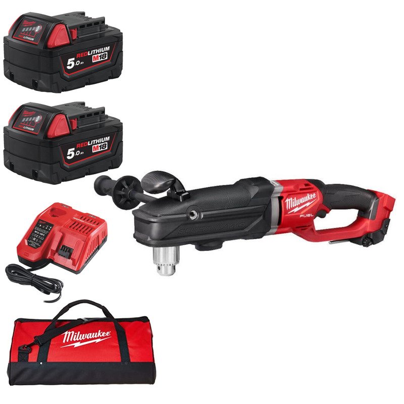 Milwaukee M18FRAD2-0 18V Fuel Super Hawg Right Angle Drill Driver Kit – 2 x 5.0ah Batteries, Charger & Bag