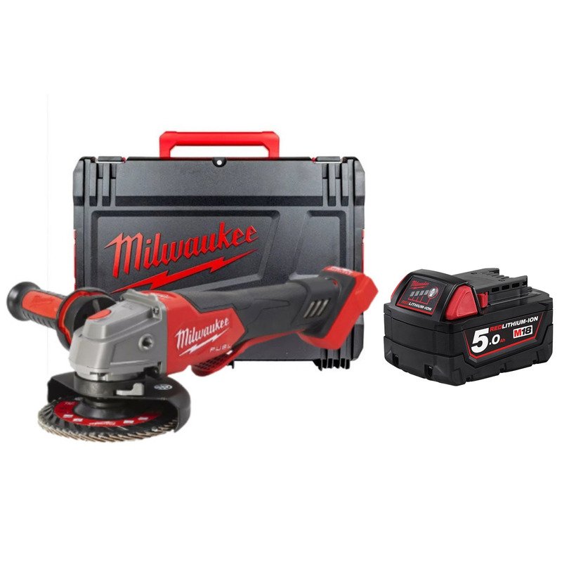 Milwaukee M18FSAGV115XPDB-0X 18v Fuel 115mm Braking Angle Grinder Naked In Case & M18B5 5.0AH Battery