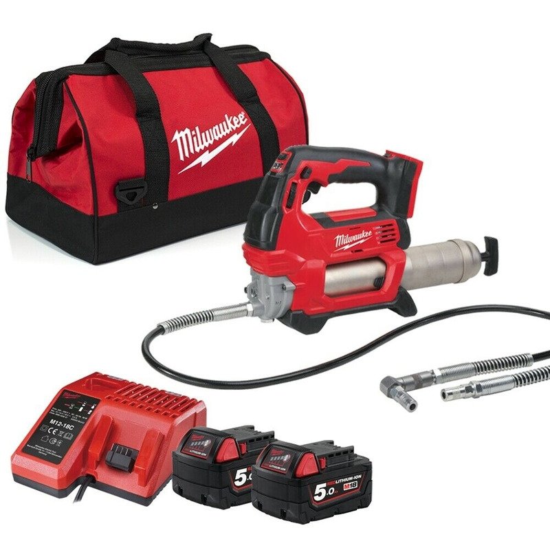 Milwaukee M18GG-502B 18v Cordless Grease Gun, x2 5Ah Batteries, Charger & Bag
