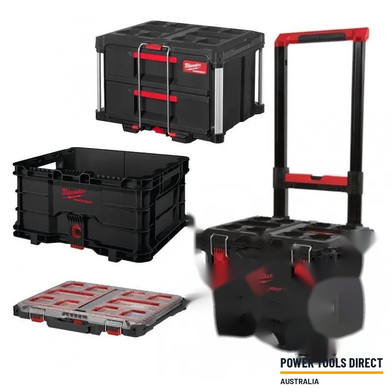Milwaukee Packout Bundle -Large Trolley Box, 2 Drawer Tool Box, Slim Organiser & Crate
