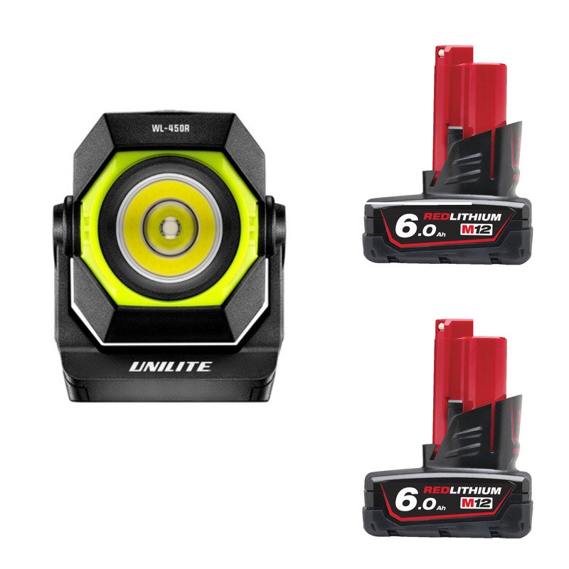 Unilite WL-450R Rechargeable Dual Beam Compact Work Light & Milwaukee 12v 6.0ah Batteries